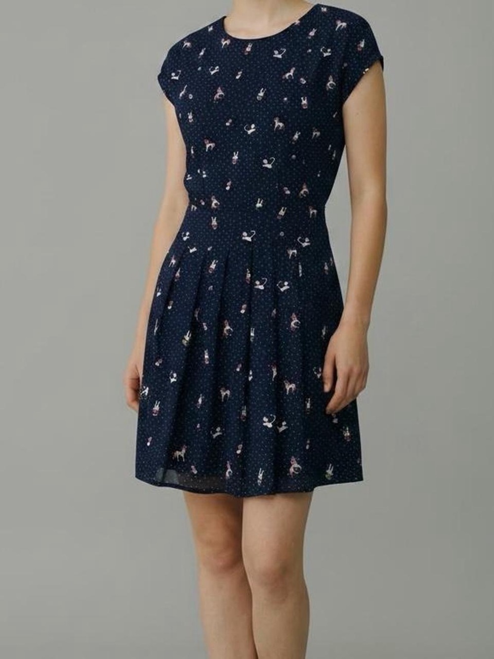 Forever 21 Navy Printed Cap-Sleeve Fit-and-Flare Dress unicorn cat print M